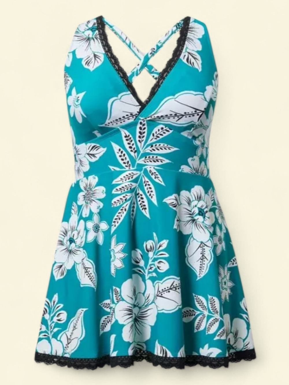 Torrid Teal Floral Wireless Swim Dress with Lace Trim and Brief, 2XL